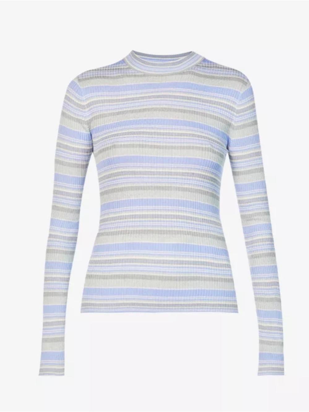 Striped Ribbed Long-Sleeve Top - Blue, Grey, and Off-white